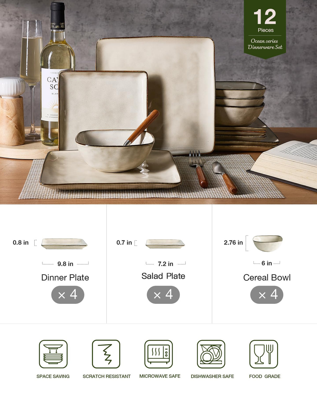 Square Ceramic Dinnerware Set for 4, Plates and Bowls, Light khaki