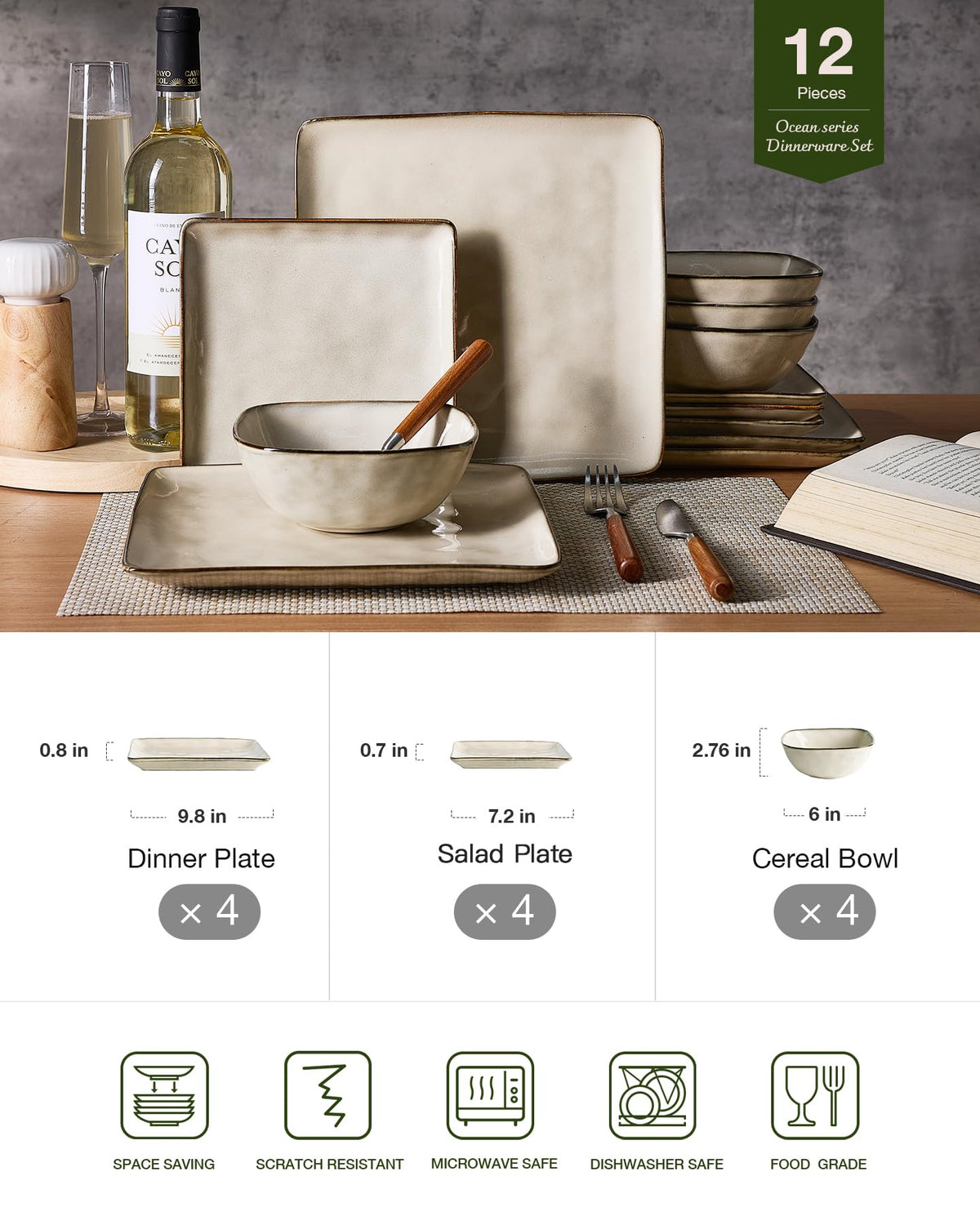 Square Ceramic Dinnerware Set for 4, Plates and Bowls, Light khaki