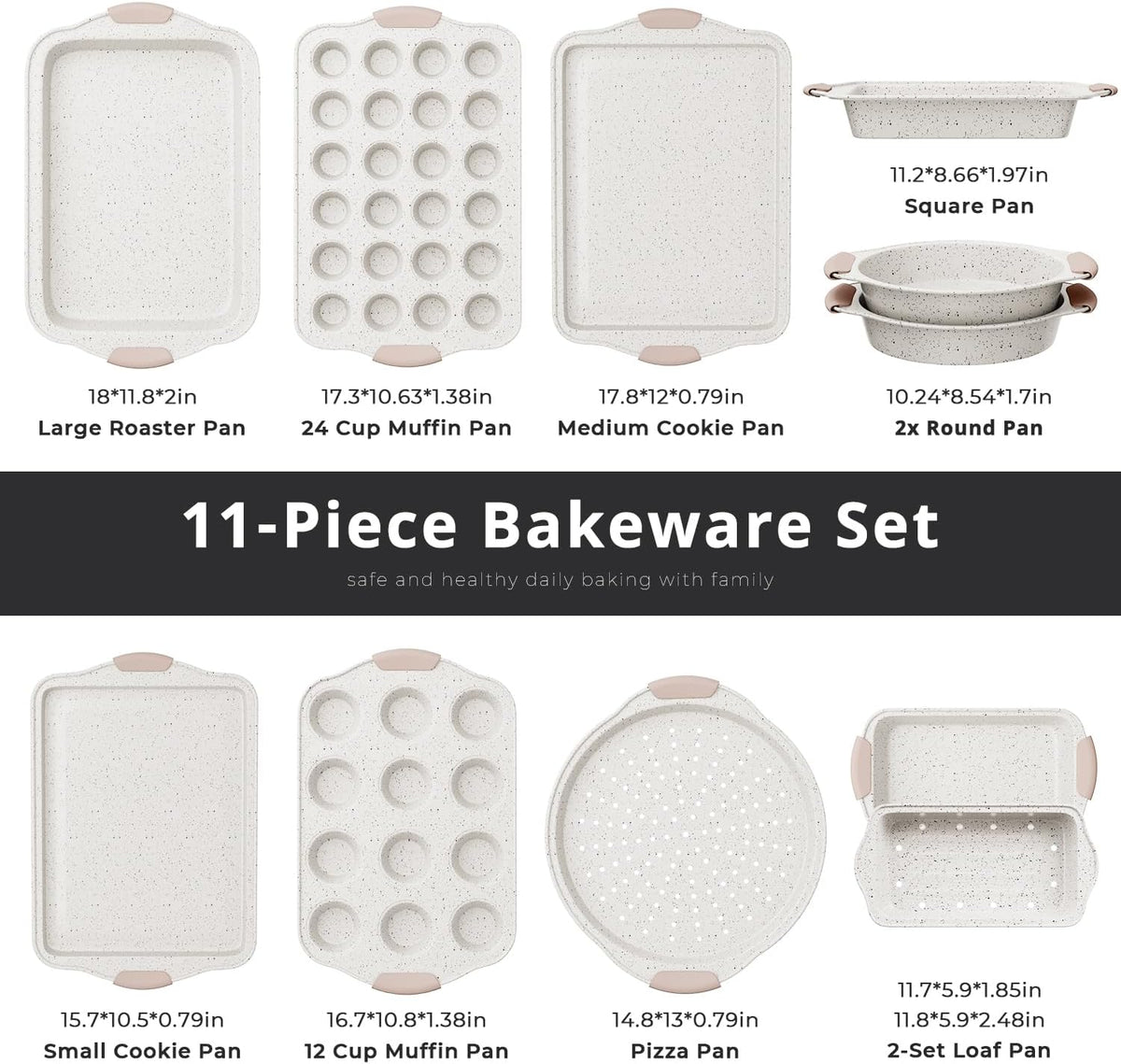 11-Piece Pans Set Nonstick, Stackable Bakeware Set, White&Khaki | Toxin-Free Pans Set with Silicone Handles, Includes