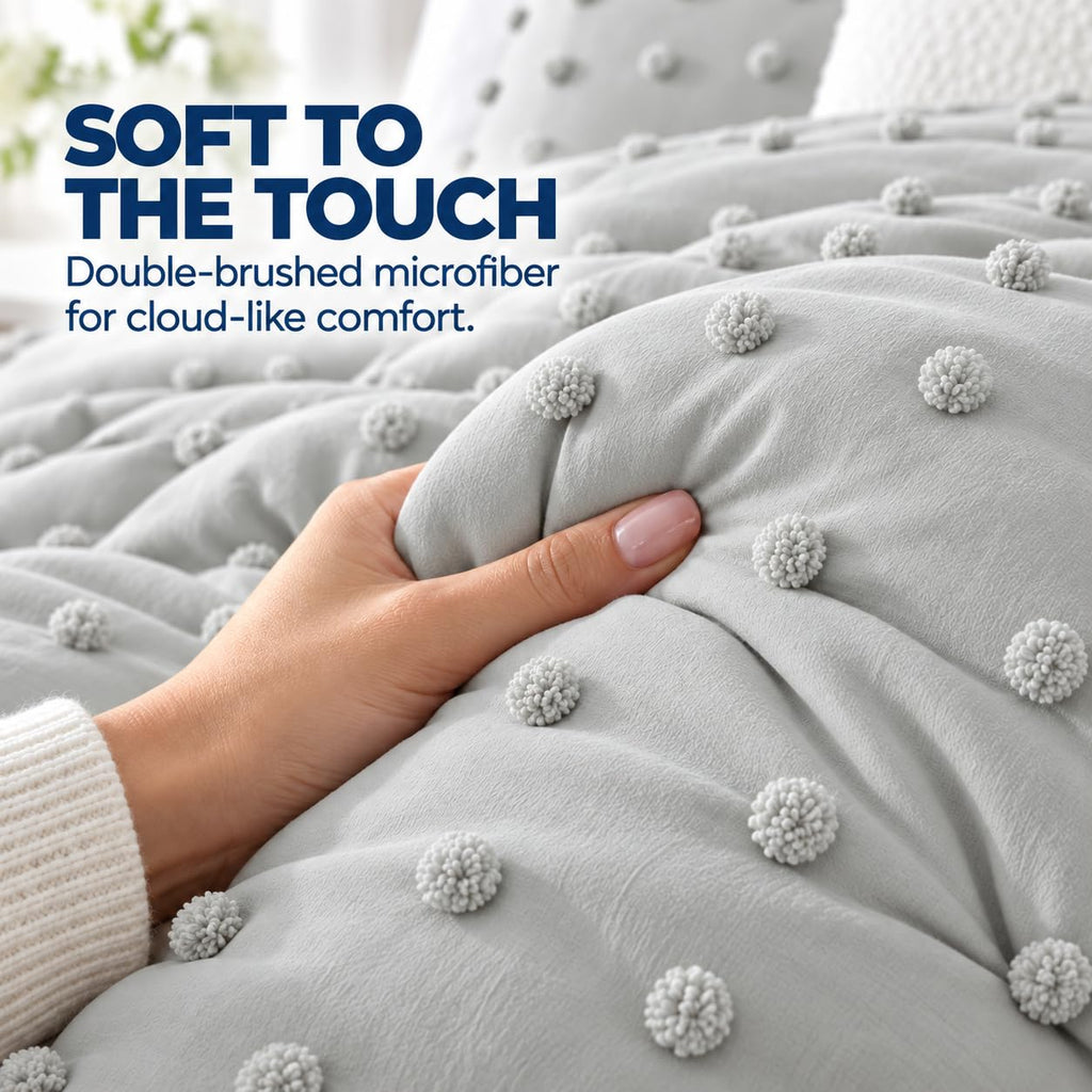 Home Comforter Set, Tufted Pom Poms, Gray