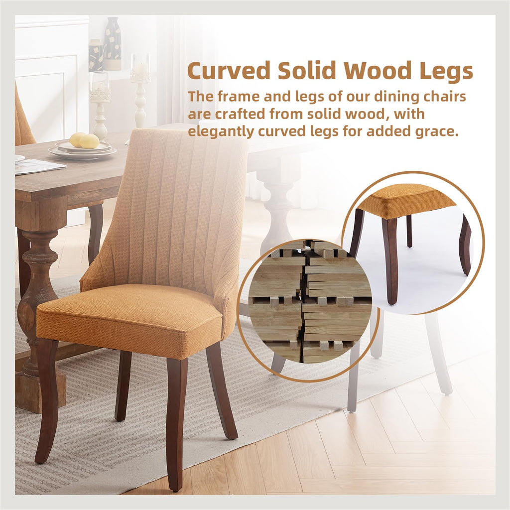 Gold Fabric Upholstered Dining Chairs Set of 6, Curved Solid Wood Legs