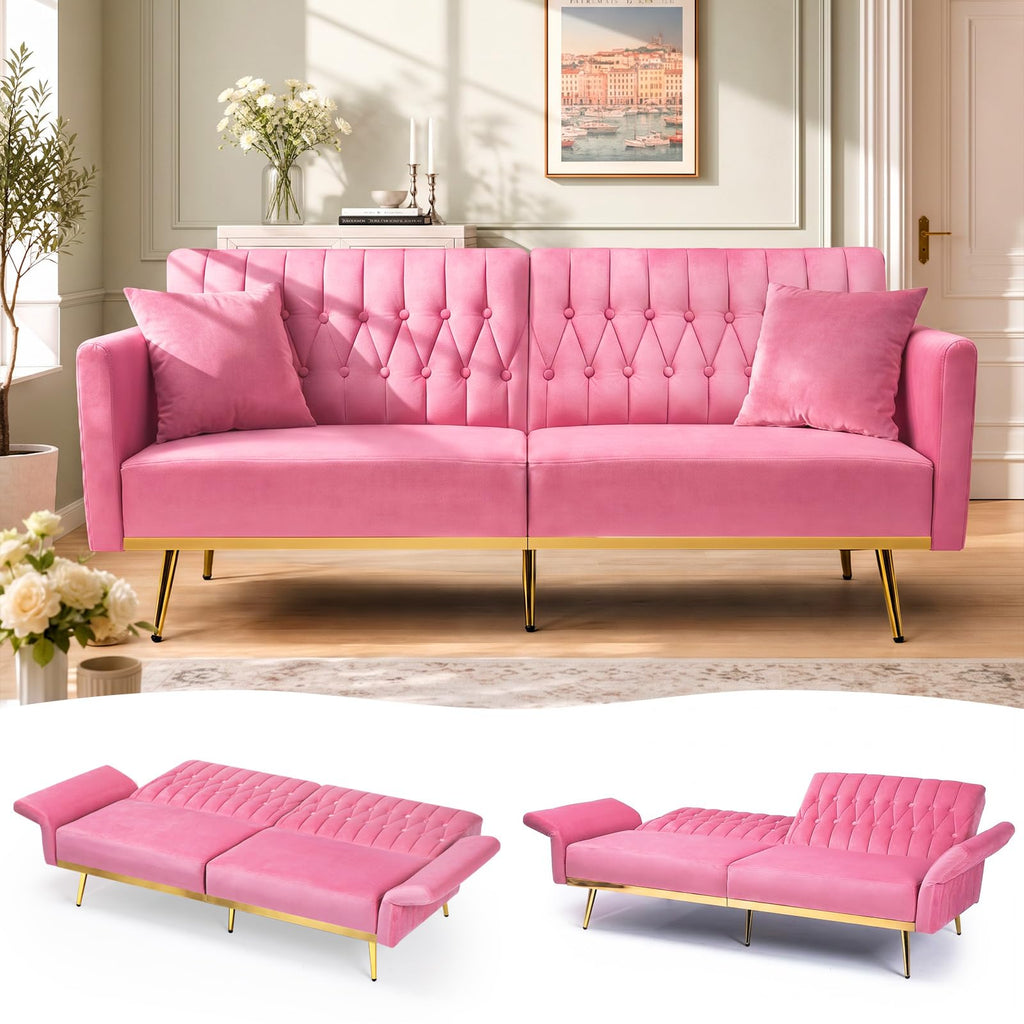 70" Futon Sofa Bed w/Adjustable Armrests, Pink