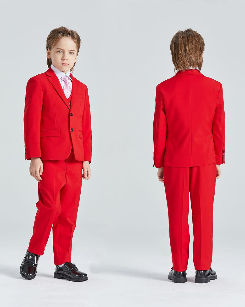 Boys 5 Piece Slim Fit Suit Set, Solid Formal Dresswear of Jacket Vest Pants Shirt and Tie