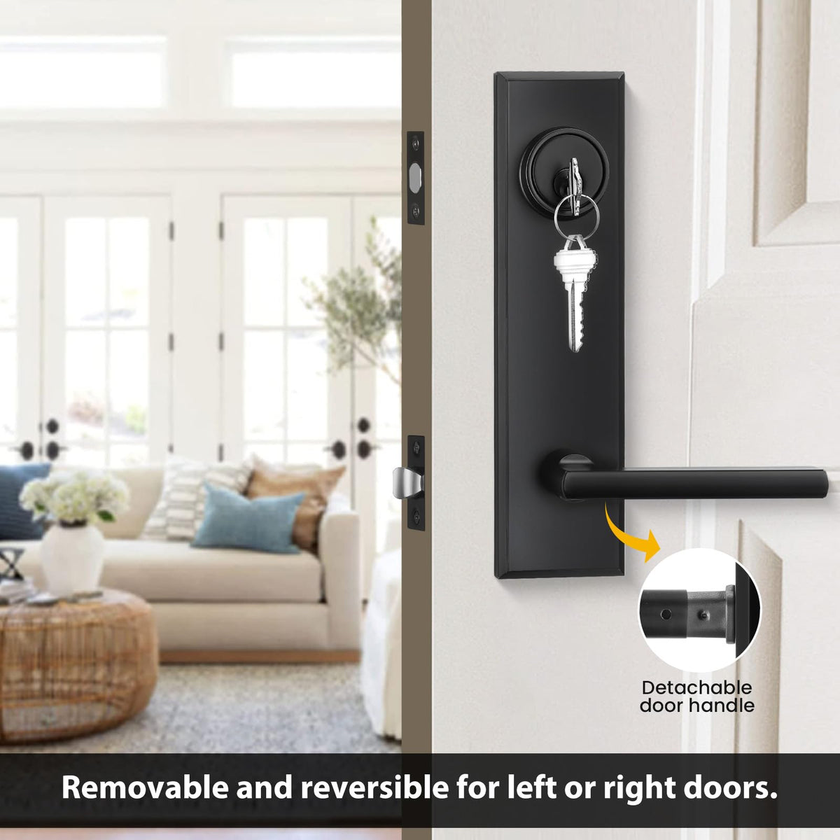 Black Front Door Handle - Entry Door Lever and Deadbolt Set, Matte Black Exterior Door Lock Set, Modern Square Front