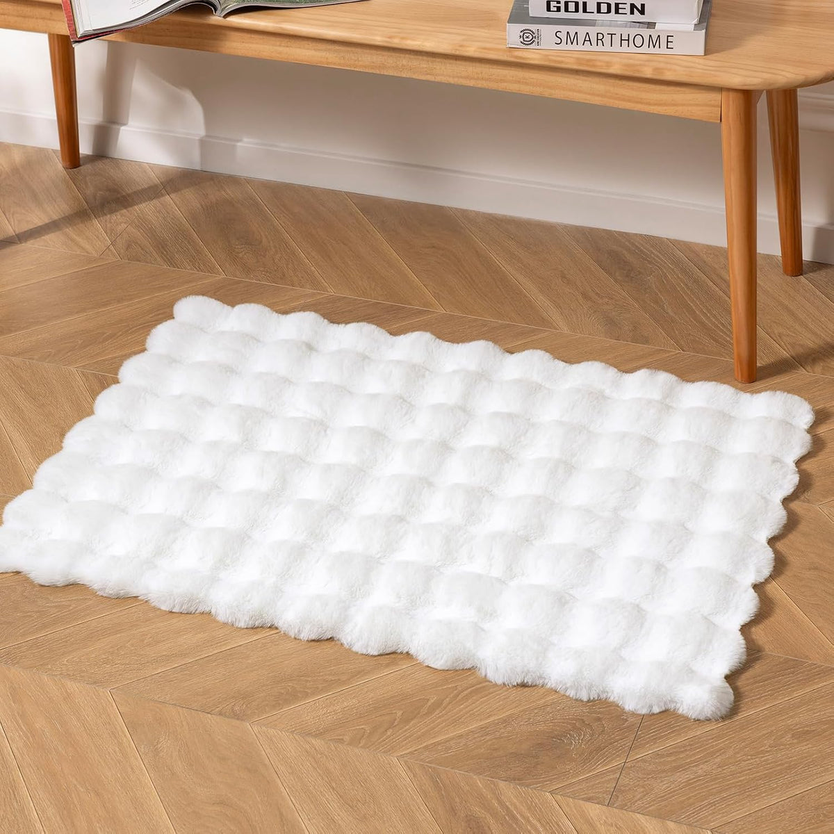 White Faux Rabbit Fur Runner Rug, Soft and Fluffy for Bedsides