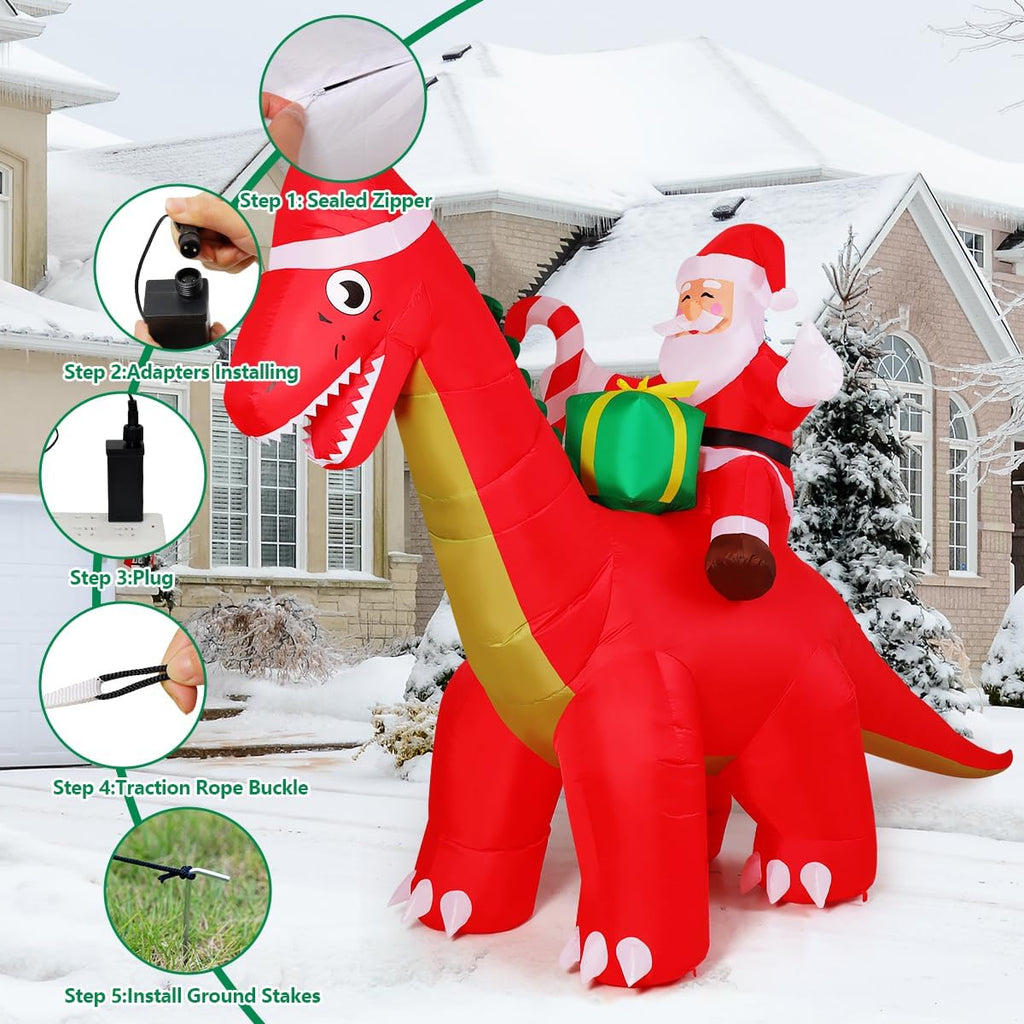 8FT Christmas Inflatables Outdoor Decorations Santa Riding Dinosaur,Blow Up Santa Inflatable with Built-in LED Lights