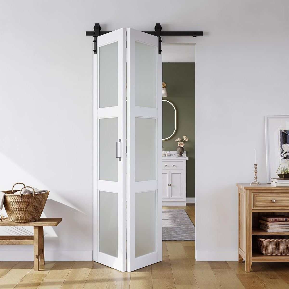 36in x 84in Bifold Barn Door, Frosted Glass Barn Door with Hardware Kit Included, Pre-Drilled Holes Easy Assembly