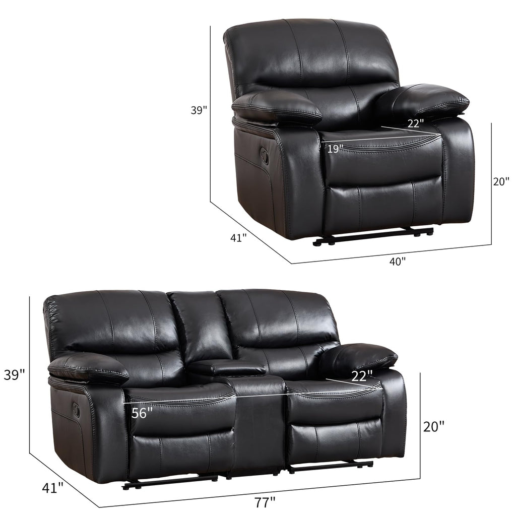 Faux Leather Manual Recliner Sofa Set, Americana Minimalist 1-Seat Chair and 2-Seat Loveseat with Center Console
