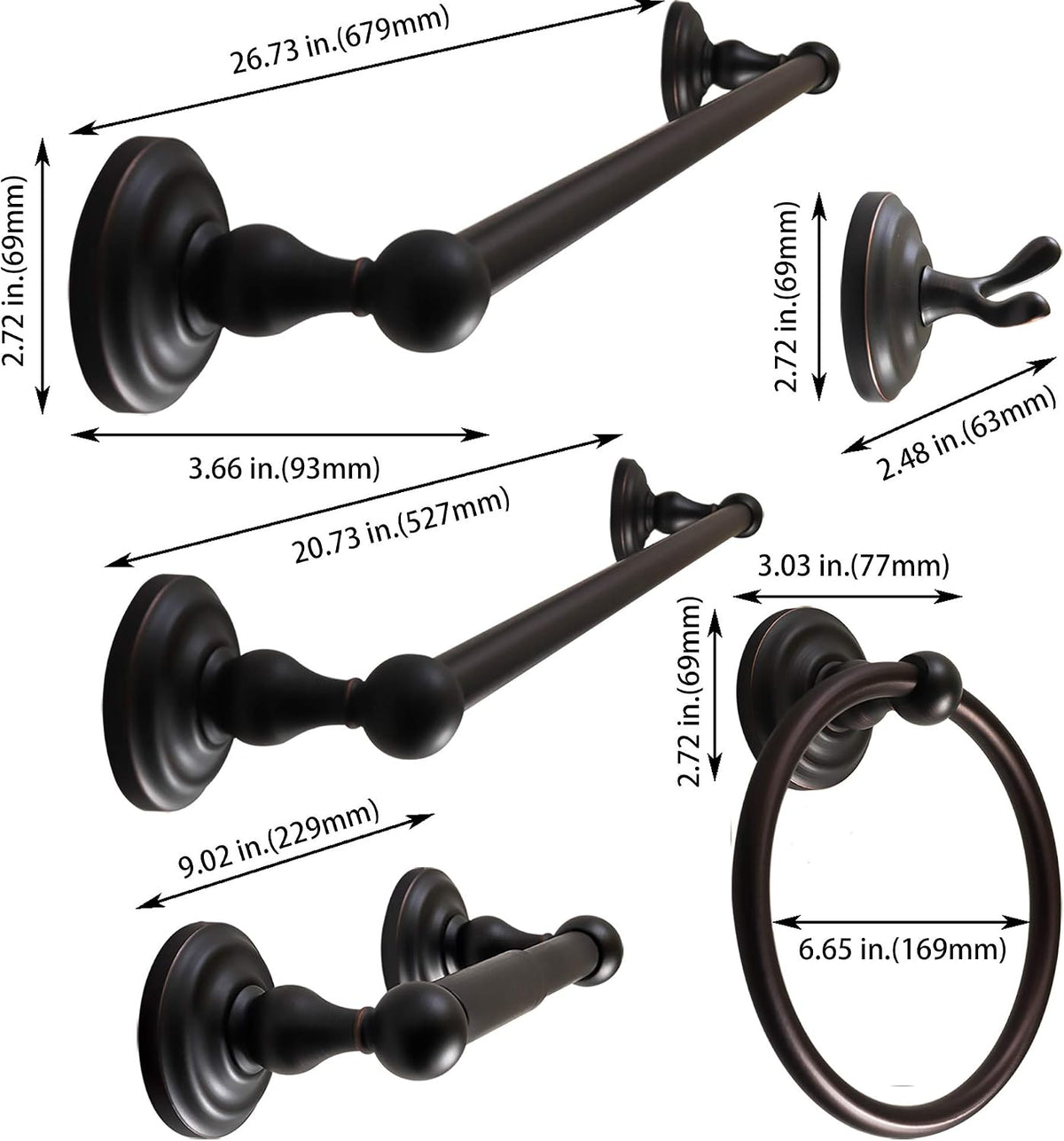 Bathroom Accessories Set, Bath Hardware, Includes Robe Hook, Toilet Paper Holder, Towel Ring, 18" & 24" Towel Bar
