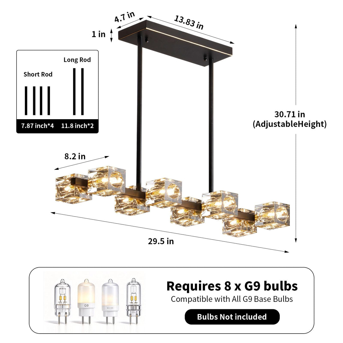 Crystal Chandeliers,8 Light Black and Gold Linear Dining Room Light Fixture Adjustable Height Hanging Ceiling Light