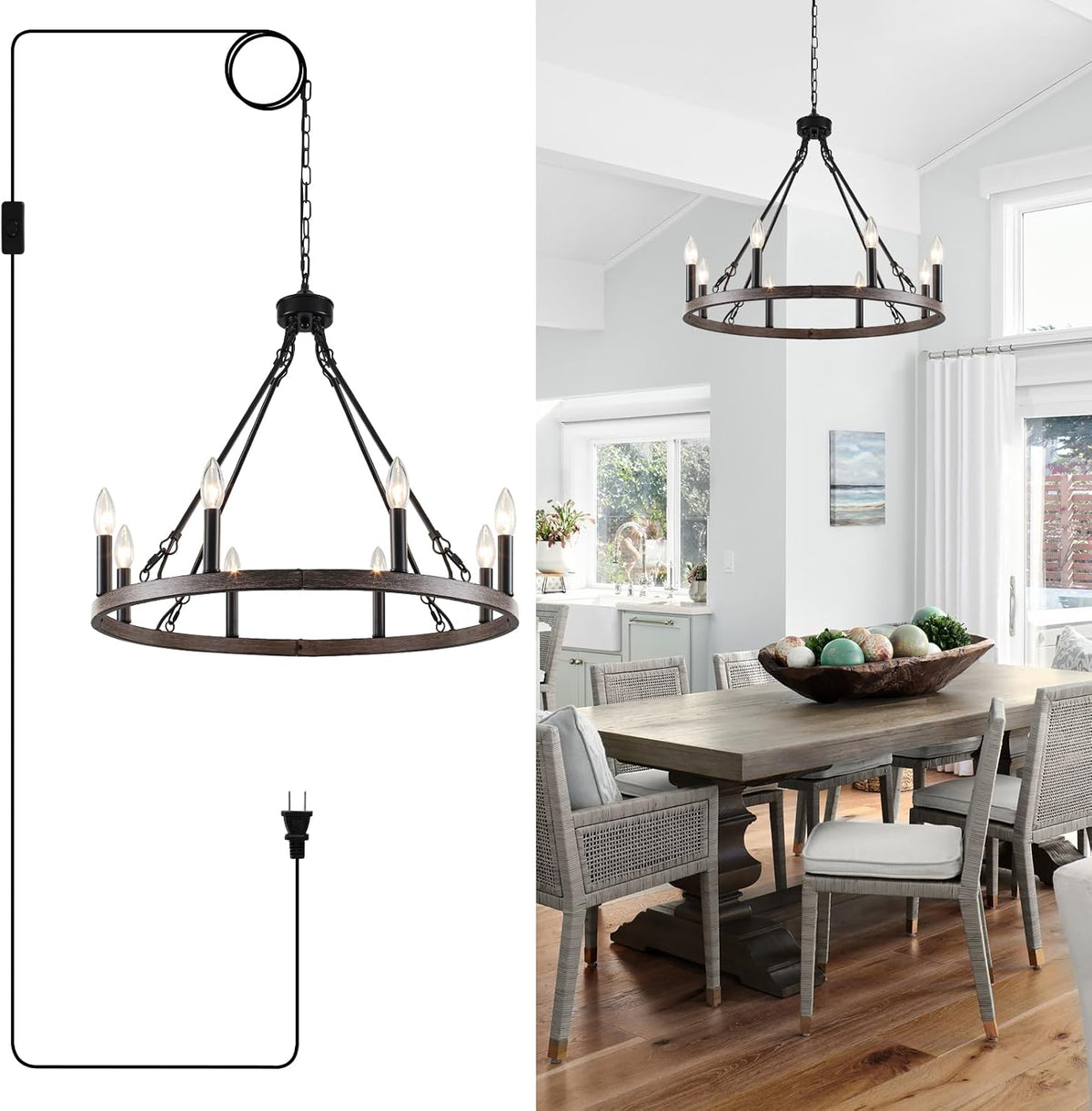 23.6" 8-Light Farmhouse Wagon Wheel Chandelier