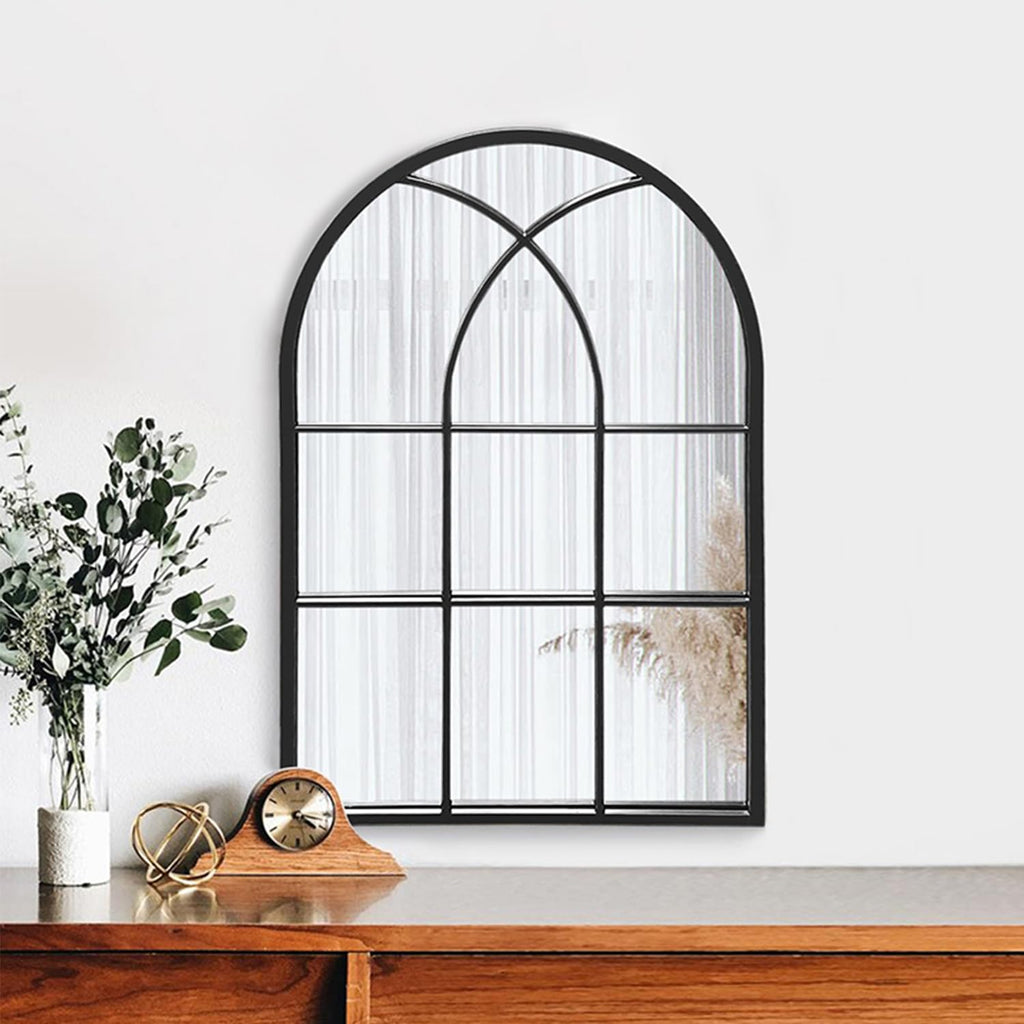 Arched Window Wall Mirror, 30"x20" Windowpane Mirror, Black
