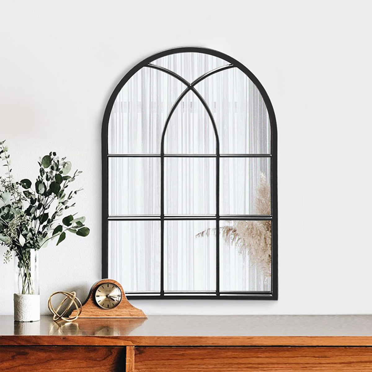 Arched Window Wall Mirror, 30"x20" Windowpane Mirror, Black