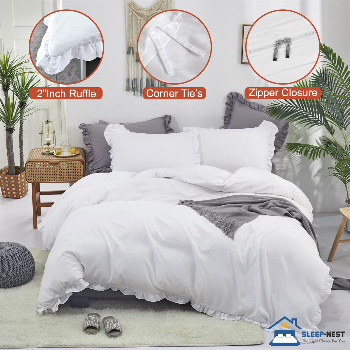Hotel Luxury Edge Ruffle Duvet Cover Set Oversized 98x98, 3-Pieces 100% Egyptian Cotton with Zipper Closure