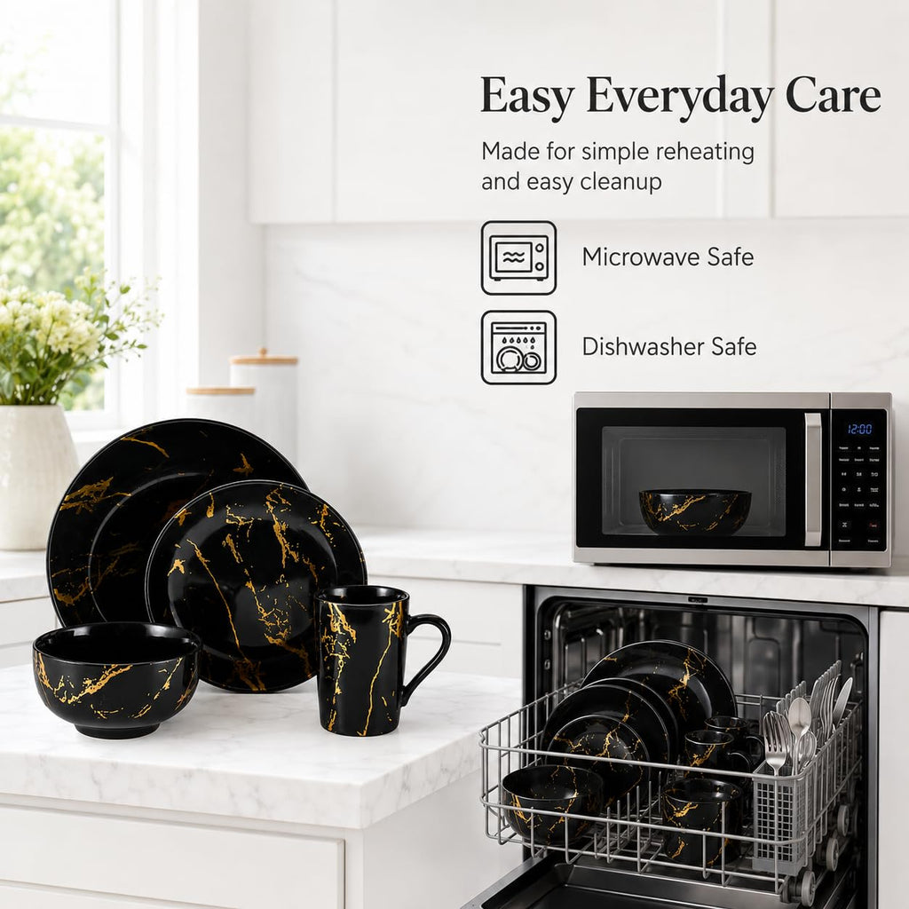 Black and Gold Marble Dinnerware Set for 4, 16-Piece Porcelain