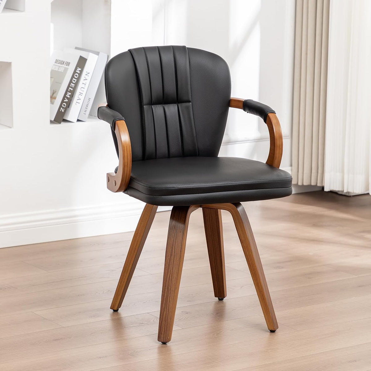 Swivel Dining Chair, Mid-Century Modern Faux Leather Upholstered Kitchen Chair with Bentwood Frame and Armrests, Ergonomic Wood Accent Chair, Black