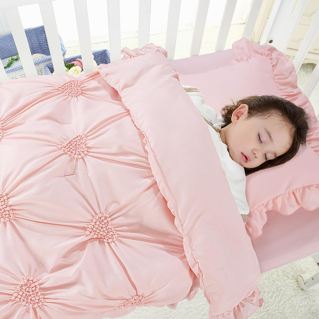 3 Pieces Princess Pink CribBedding Set for Baby Girls, Ultra Soft Blush Pinch Pleat Comforter Set with Ruffles for