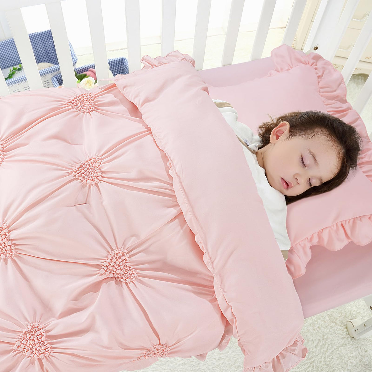 3 Pieces Princess Pink CribBedding Set for Baby Girls, Ultra Soft Blush Pinch Pleat Comforter Set with Ruffles for