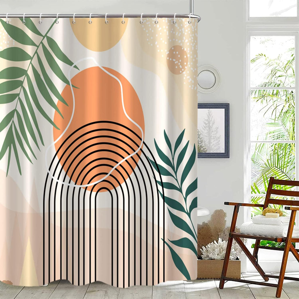 Mid Century Shower Curtain, Stall Abstract Boho Minimalistic Arch Sun Leaf Machine Washable Waterproof Fabric Bathtub