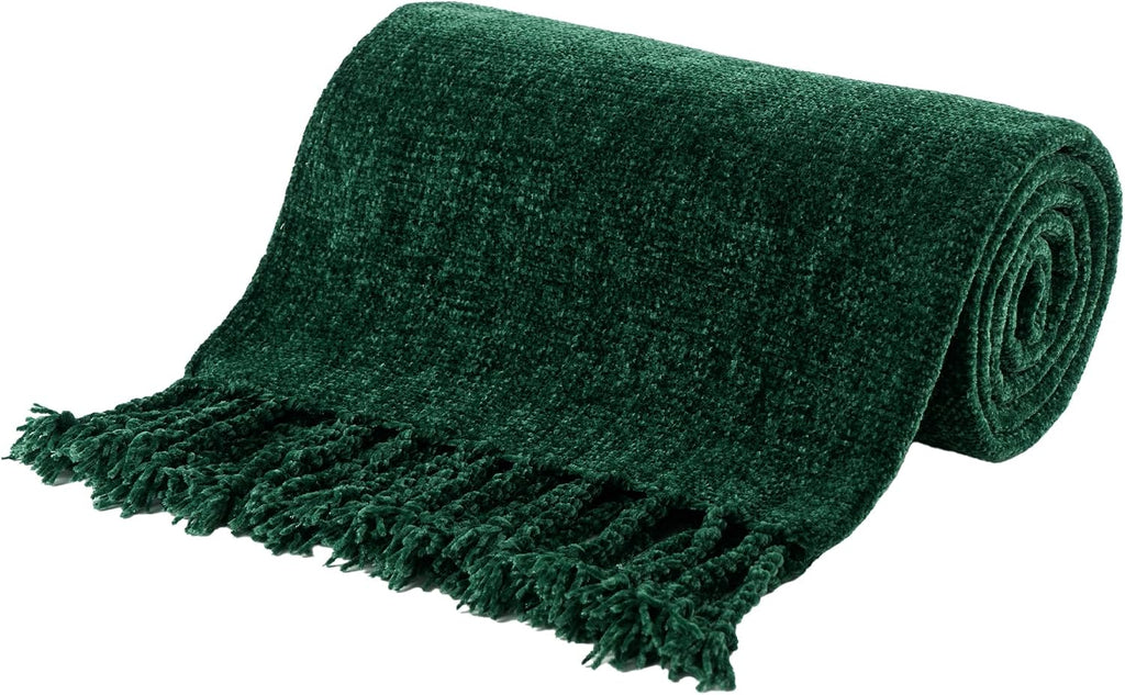 Christmas Green Chenille Throw Blanket, Soft Cozy Knit Blanket with Fringe Tassels, Lightweight Holiday Farmhouse