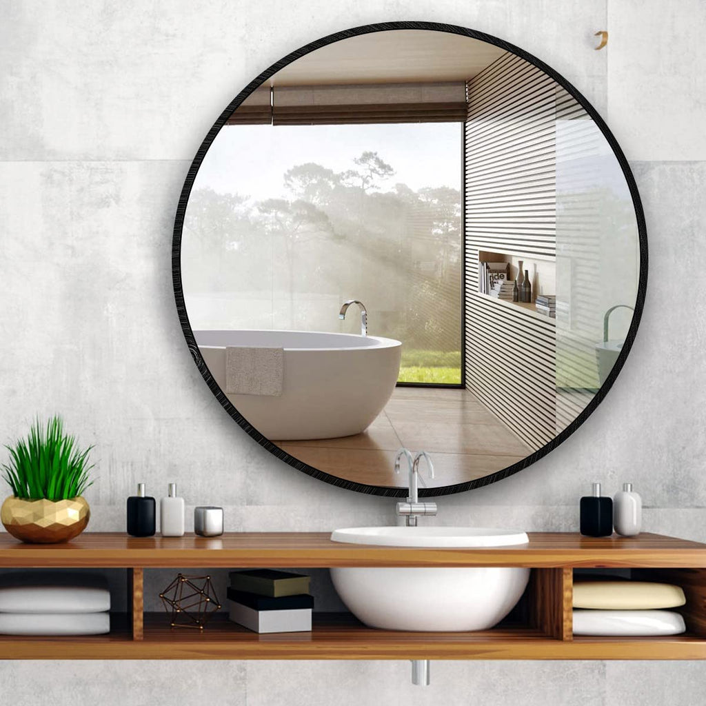 Round Metal Wall Mirror, 36 Inch, Black Frame Bathroom Mirror