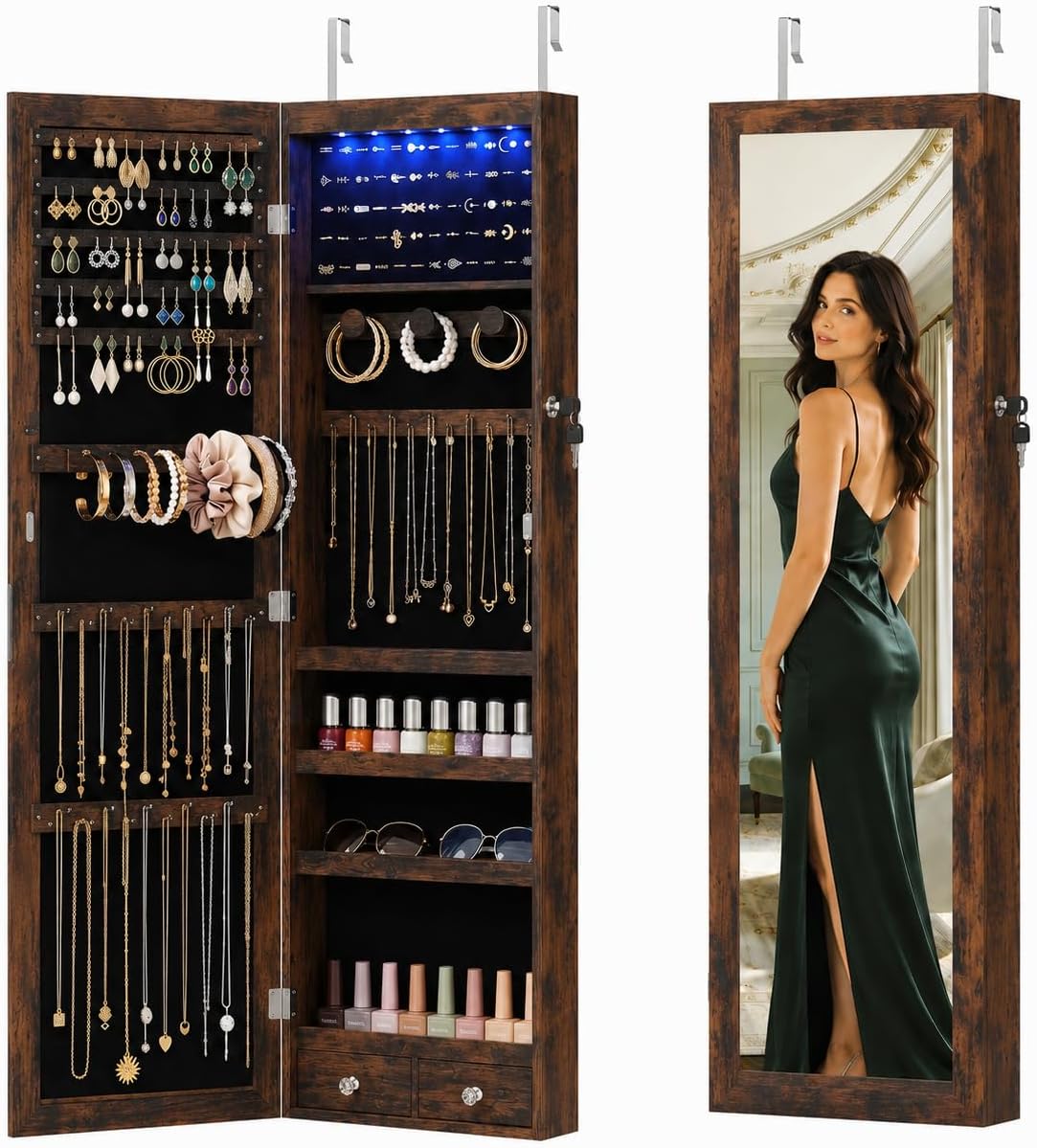 Jewelry Armoire, 47.2" Tall Lockable Jewelry Organizers and Storage Cabinet with Full-Length Mirror, 6 LEDs