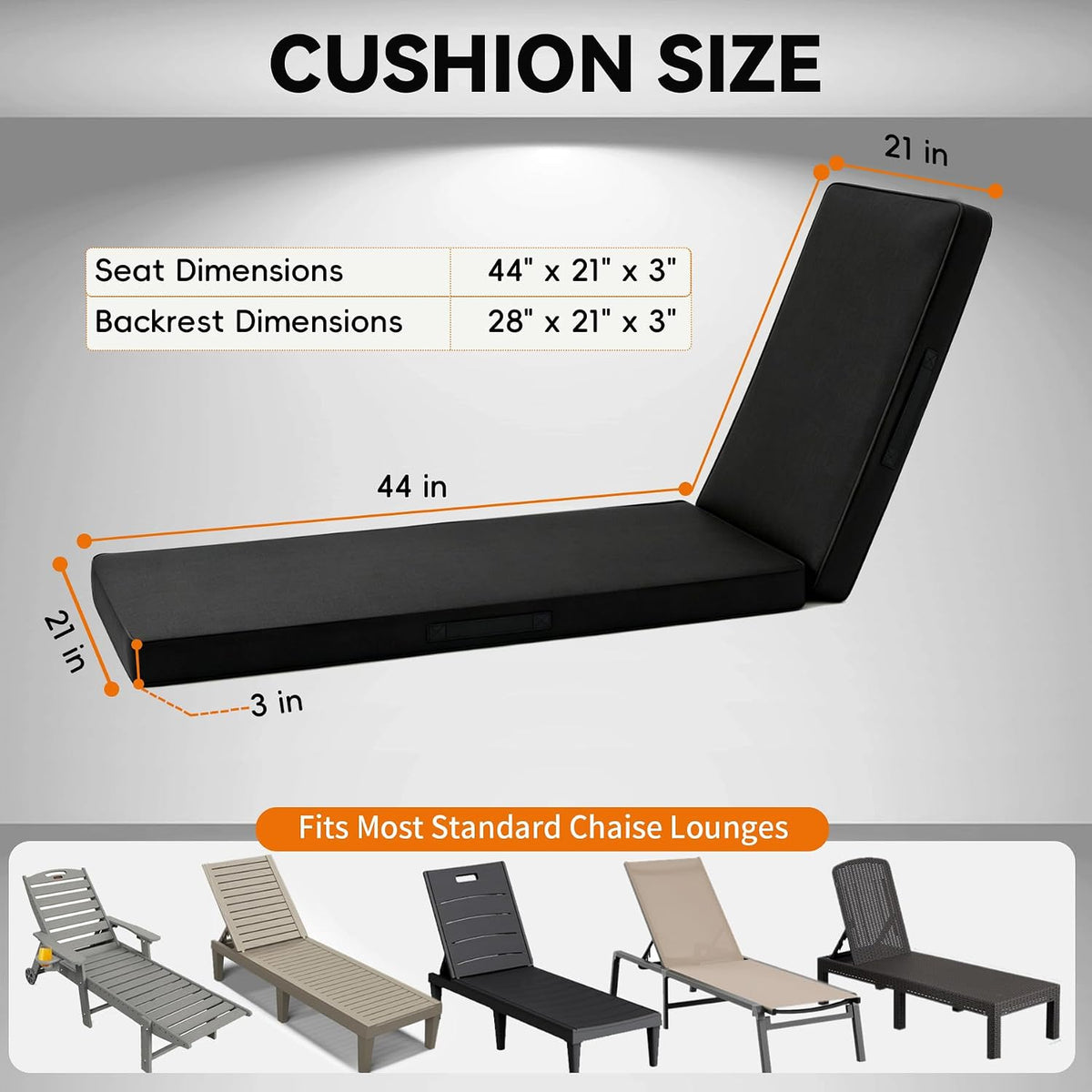 Chaise Lounge Cushions Outdoor Waterproof and Fade Resistant 72x21x3 Inch Lounge Cushions Patio Chair Cushions with