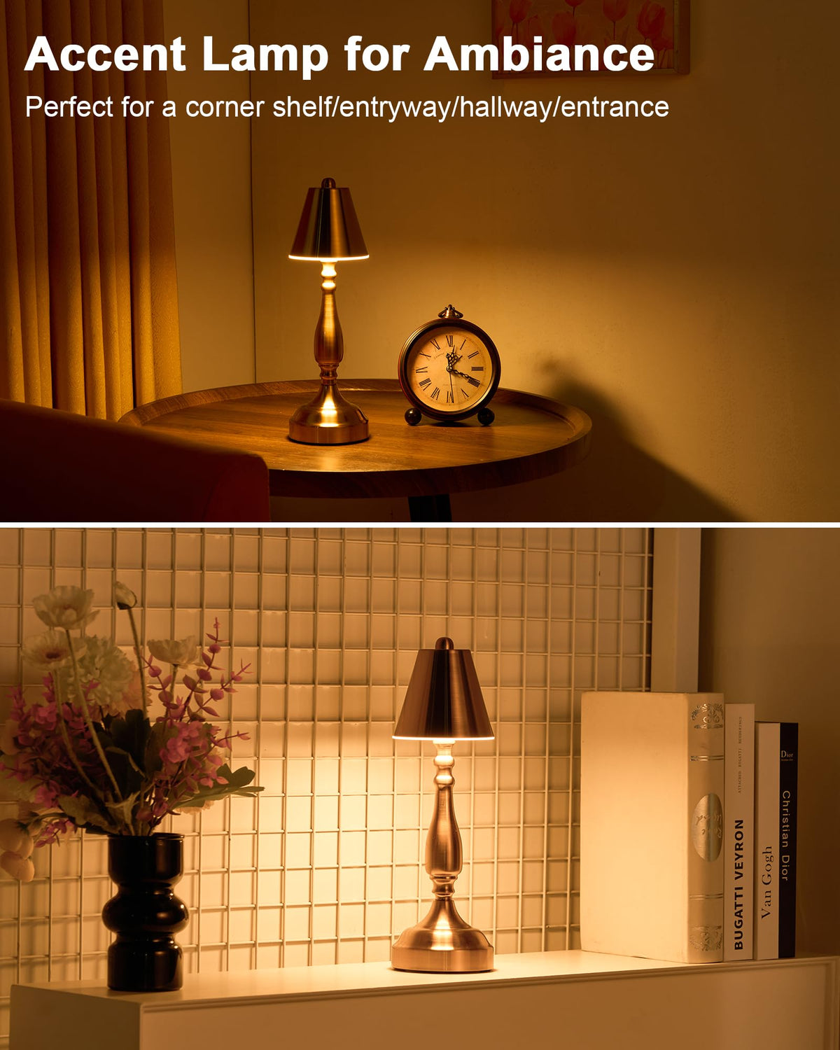 12" Small Cordless Table Lamp, Rechargeable Battery Operated, Vintage Brass