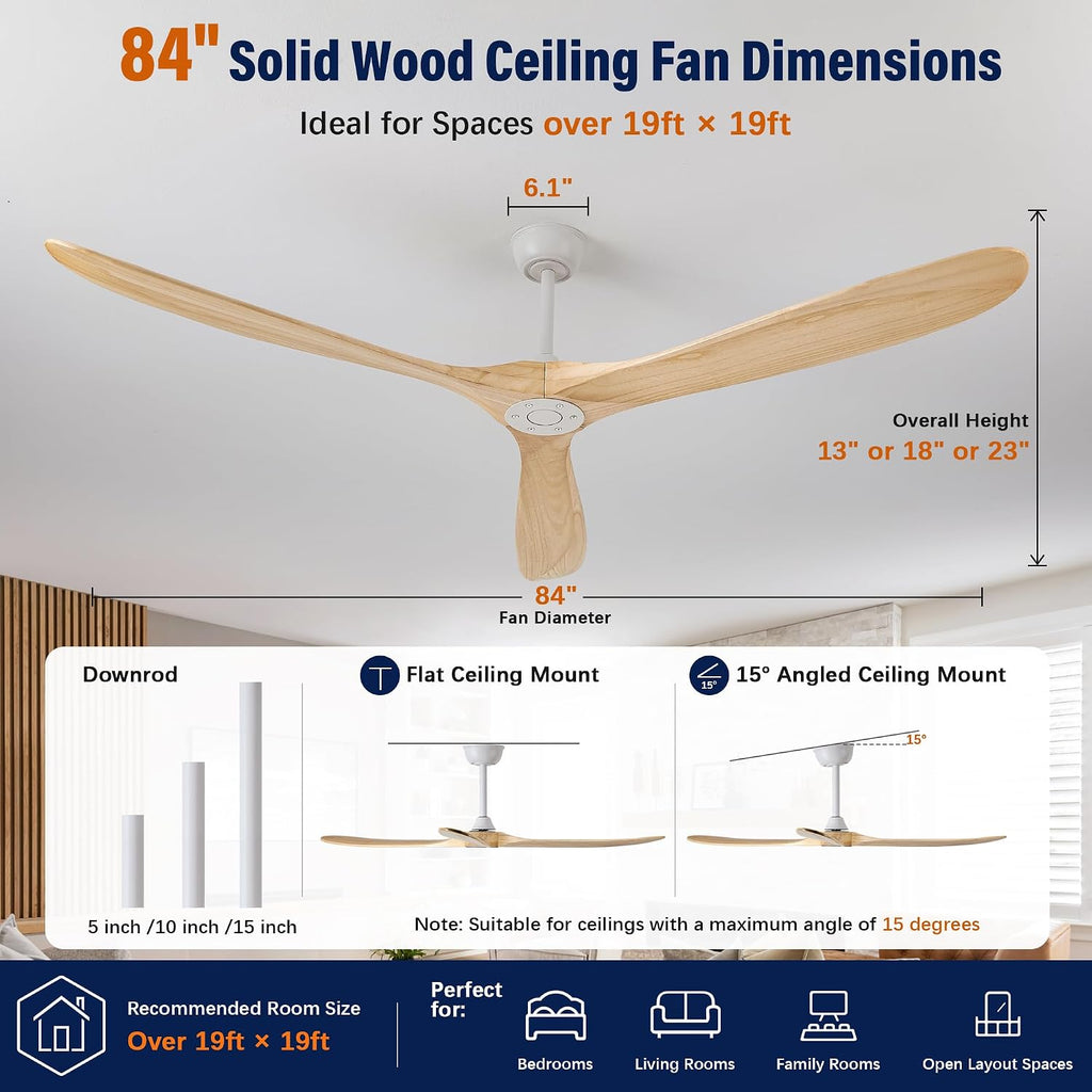 Inspired Maverick Style 84" Ceiling Fan No Light, 3 Solid Wood Blades, White Motor, Quiet Reversible DC Motor with Remote Control