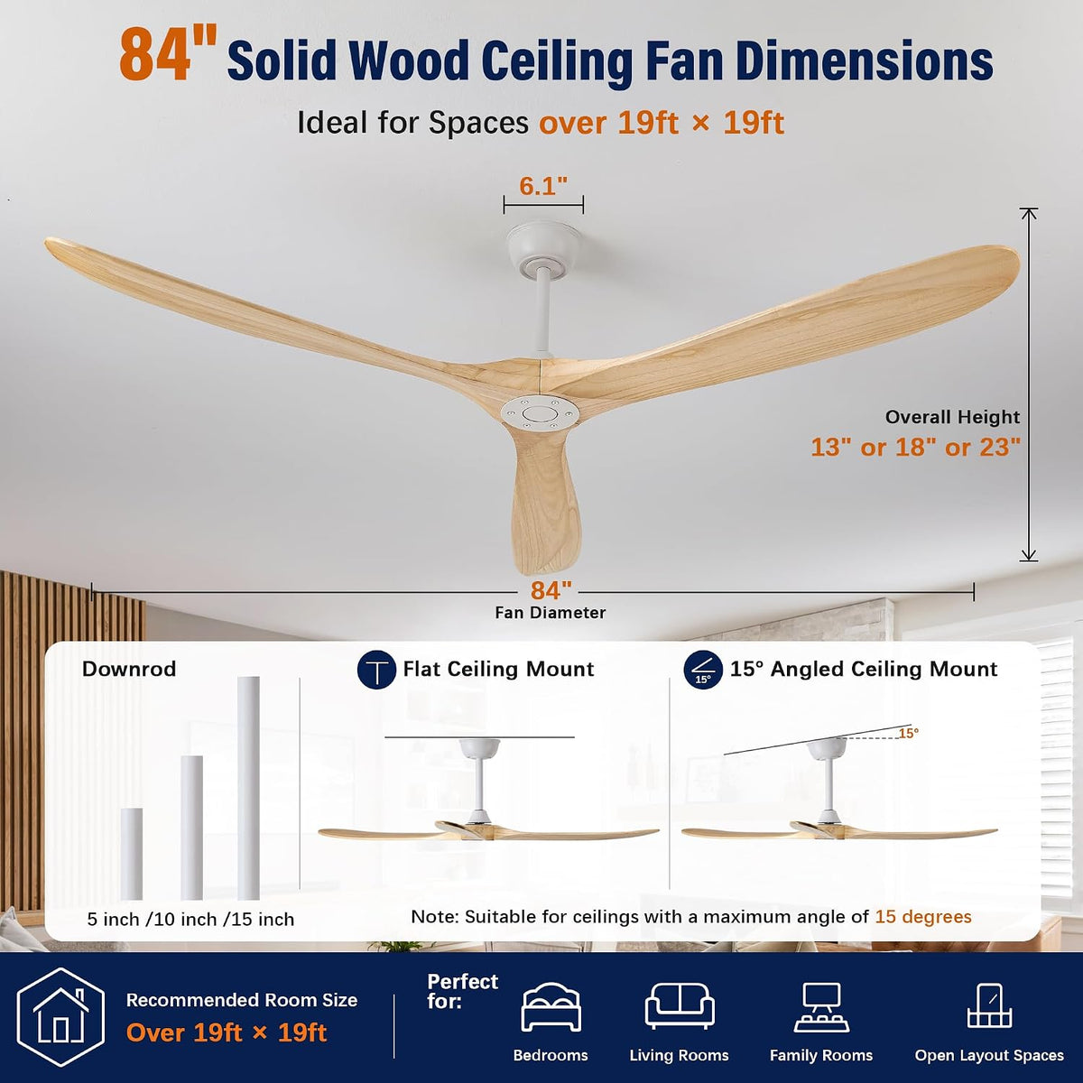 Inspired Maverick Style 84" Ceiling Fan No Light, 3 Solid Wood Blades, White Motor, Quiet Reversible DC Motor with Remote Control