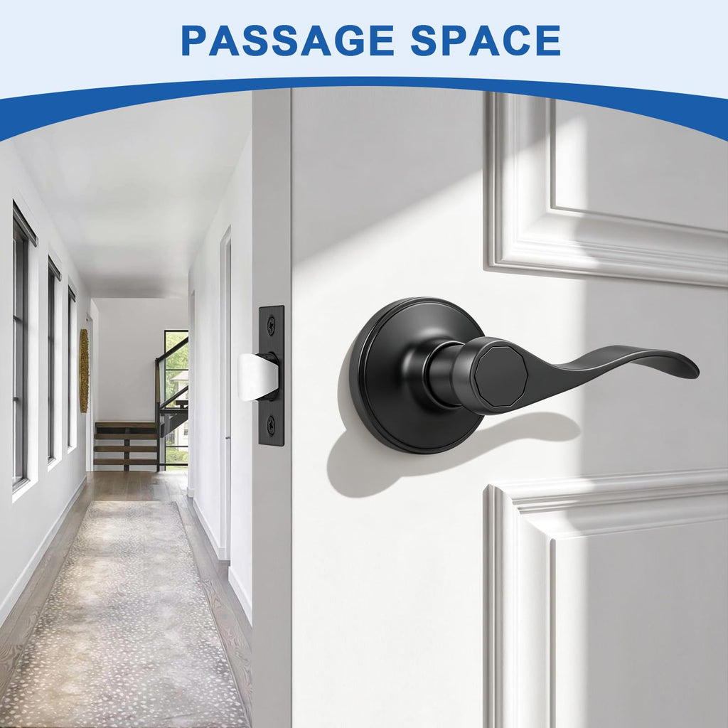 2 Pack Passage Door Handles Interior, Hallway Closet Door Leverset Matte Black Finish Stainless Steel, Keyless Door