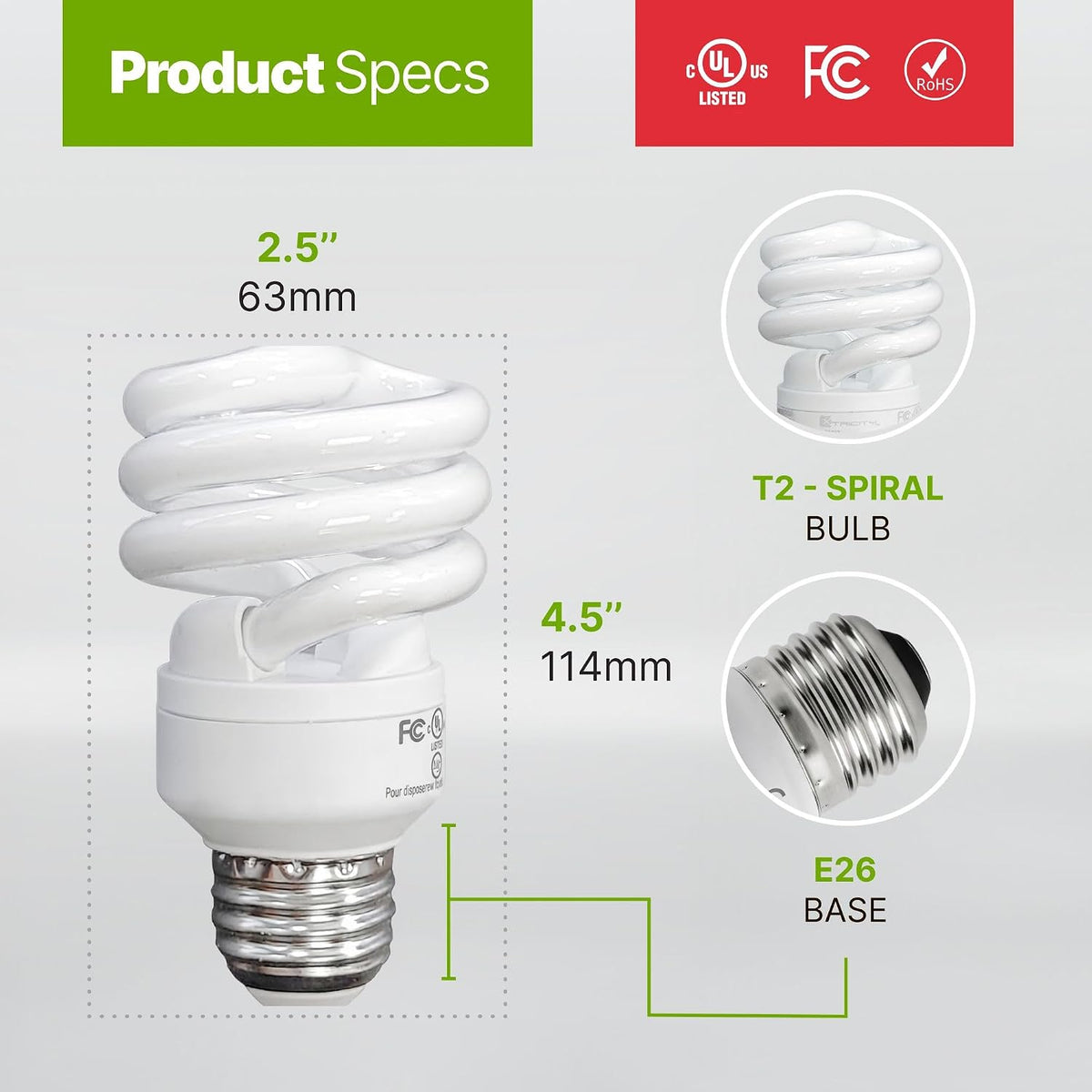 Compact Fluorescent Light Bulbs T2 Spiral, E26 Base