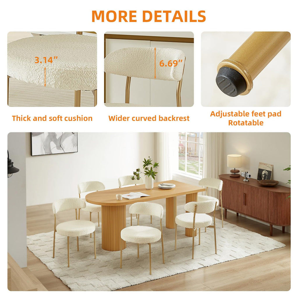 Beige Boucle Set of 2, Kitchen Dining Room Chairs Curved Backrest Upholstered Mid Century Modern Chairs with Golden