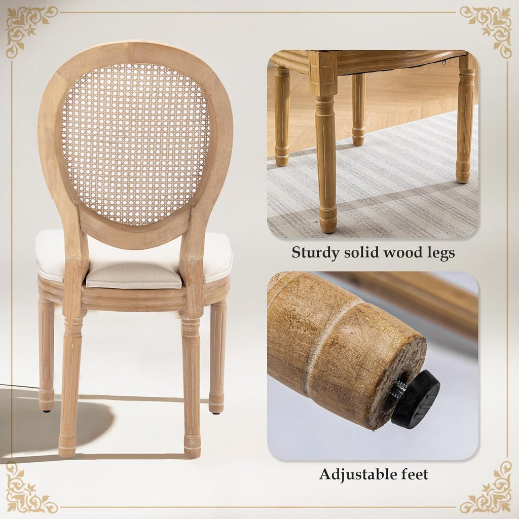 French Country Dining Chairs Set of 6, Farmhouse Rattan Dining Chairs with Round Back, Beige