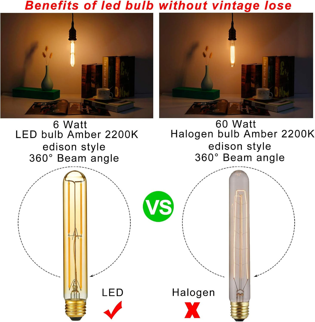 E26 T10 Edison Bulbs,60w Led Light Bulbs,Dimmable,Amber 2200K