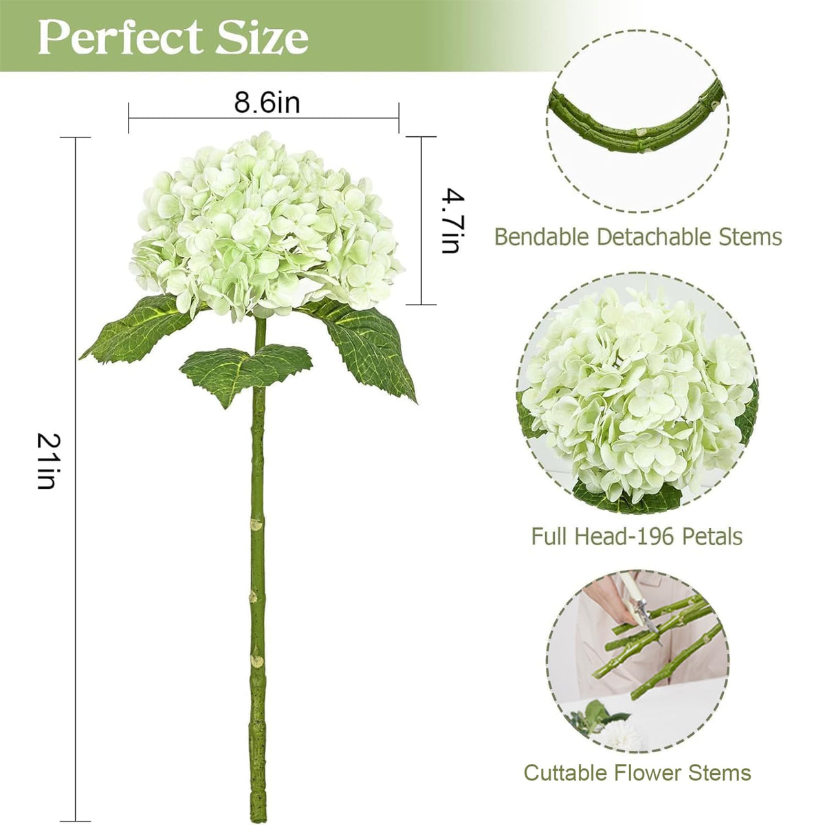 21" Real Touch Hydrangea Artificial with Long Stem & Leaves, Full Latex Faux Hydrangea Decor Party Floral