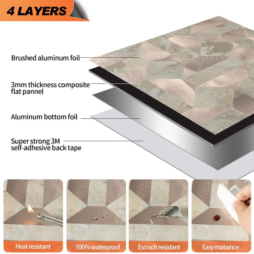10-Sheets Peel and Stick Backsplash Tiles, PVC Stone Mixed Metal Look,Heat Resistant Stick on Tiles