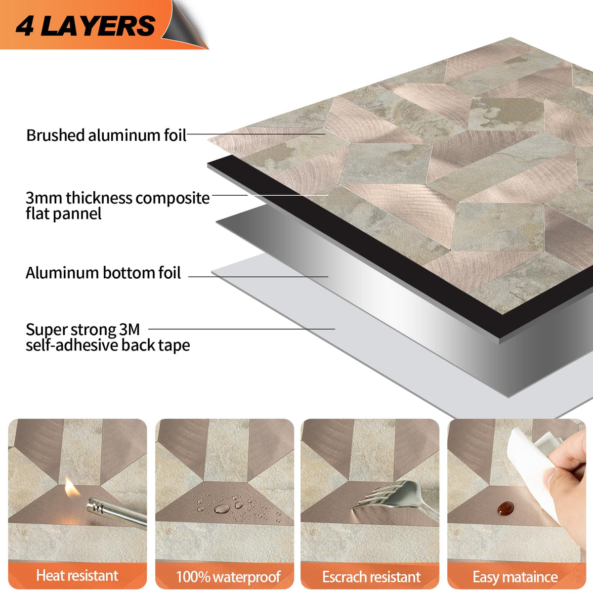 10-Sheets Peel and Stick Backsplash Tiles, PVC Stone Mixed Metal Look,Heat Resistant Stick on Tiles