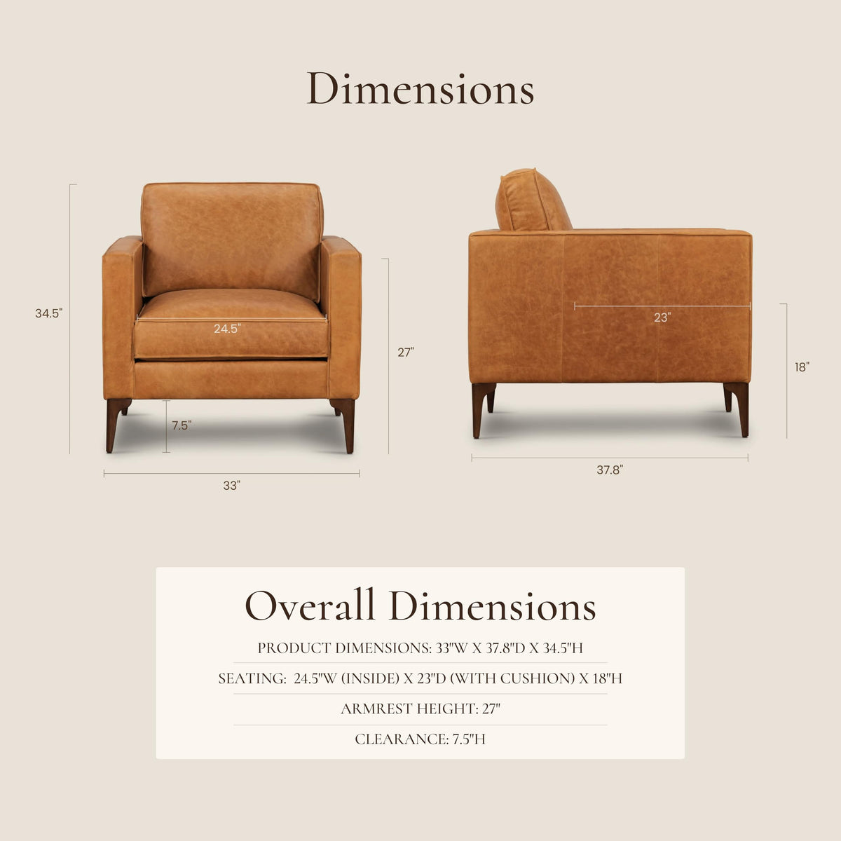 & BARK Mateo Leather Lounge Chair - Cognac Tan Full-Grain Leather Upholstery - Modern Upholstered Accent Chair