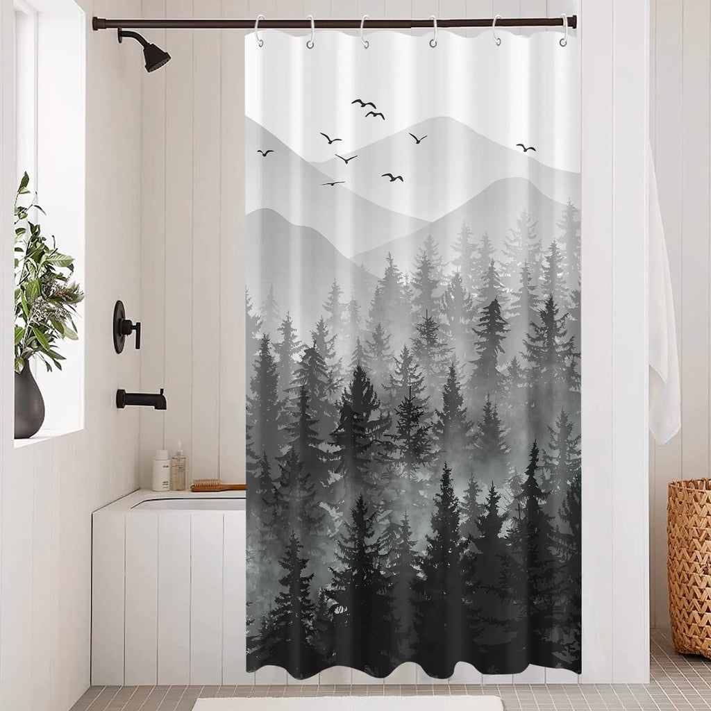 Stall Small Black and White Misty Forest Shower Curtain Ombre Gray Grey Mountain Pine Tree Waterproof Fabric Shower