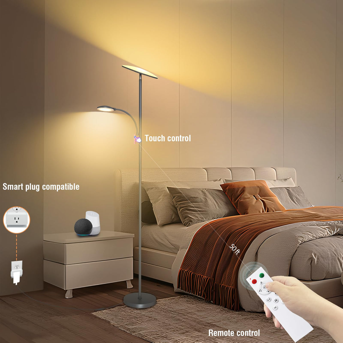 Gray Floor Lamps, 44W/4500LM Super Bright 2 in 1 LED Floor Lamp with Remote, Stepless Dimmable, 69" Tall Standing