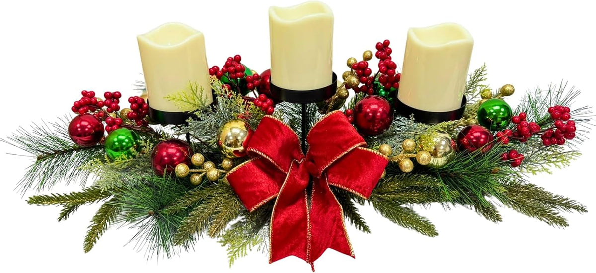 26 Inch Christmas 3 Candle Centerpiece with Red Bow and Ornaments