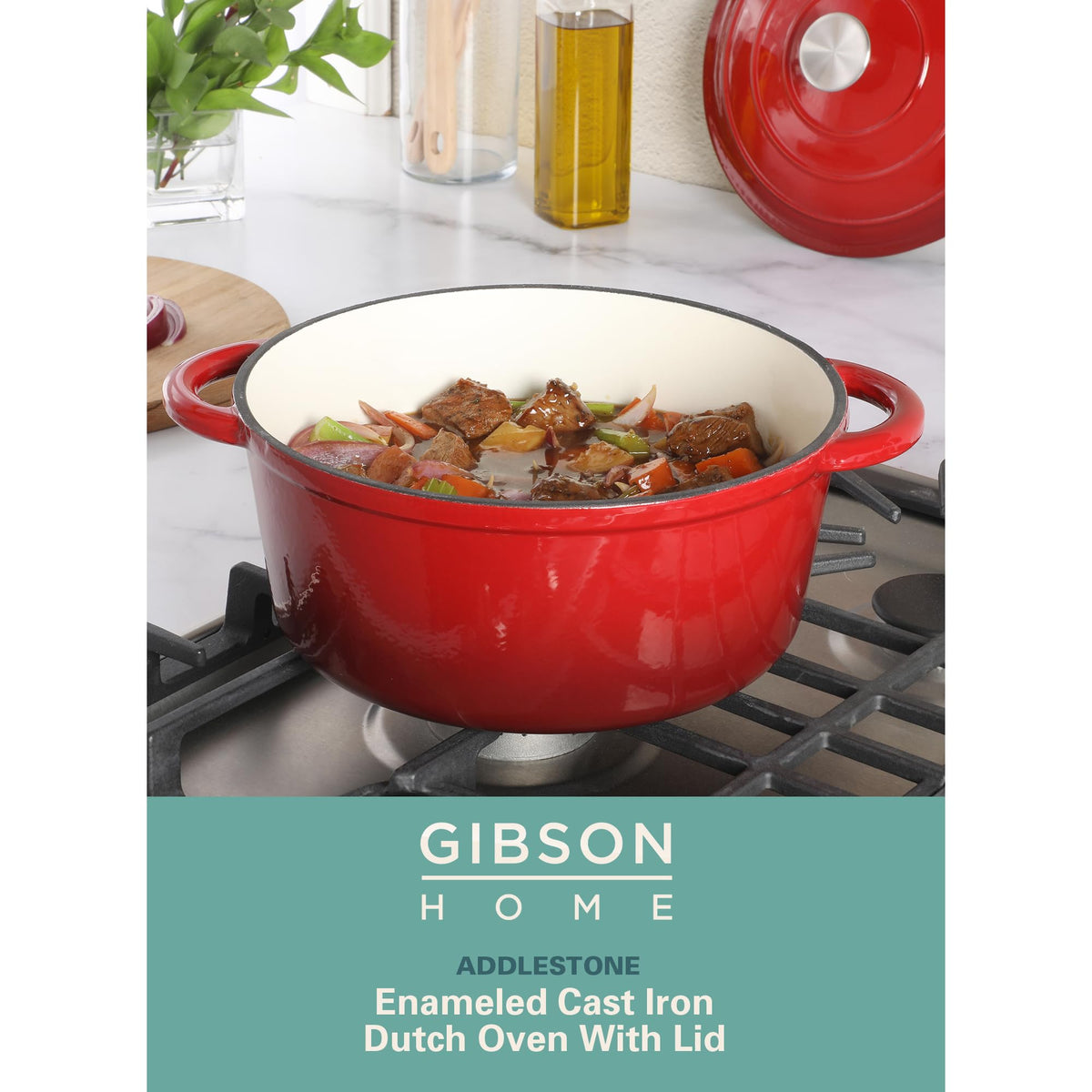 5-Quart Red Enamel Cast Iron Dutch Oven with Lid and Dual Handles - Durable Round Cooking Pot