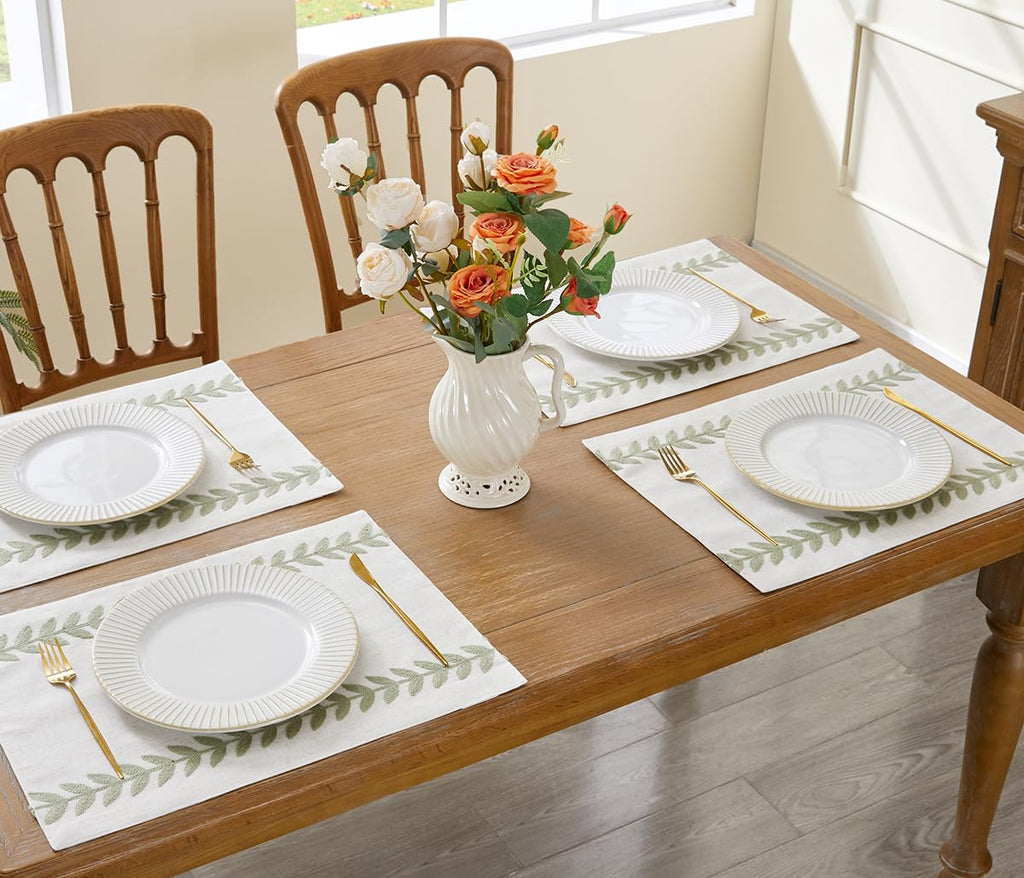 Embroidered Place Mats, Sage Green Rustic Placemats Set of 6