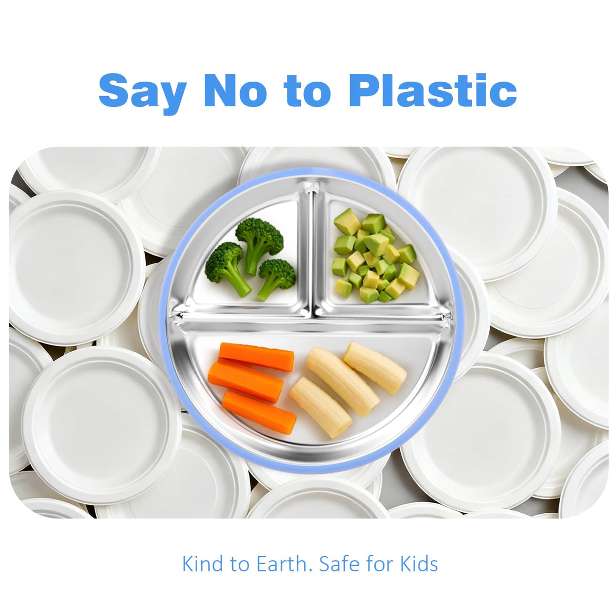 Stainless Steel Toddler Plate with Suction, 9" Divided Plates with Removable Silicone Sleeves for Kids, Non Toxic &