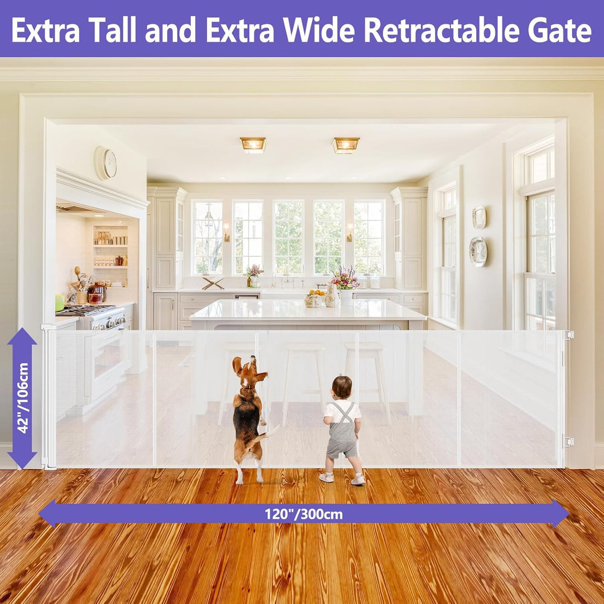 Reinforced 42" Tall Baby Gate 120" Wide Retractable Dog Gate Indoor/Outdoor