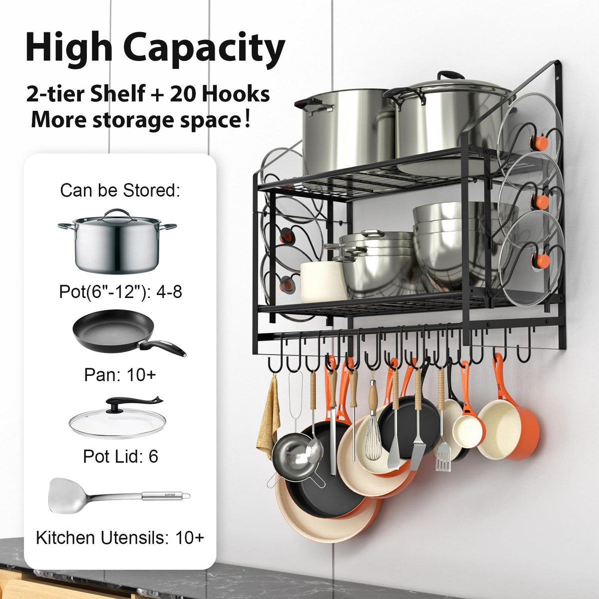 28 Inch Pot Rack Wall Mounted, 2 Tier Pots and Pans Organizer with 20 Hooks and 6 Pot Lid Holders, Heavy Duty Steel