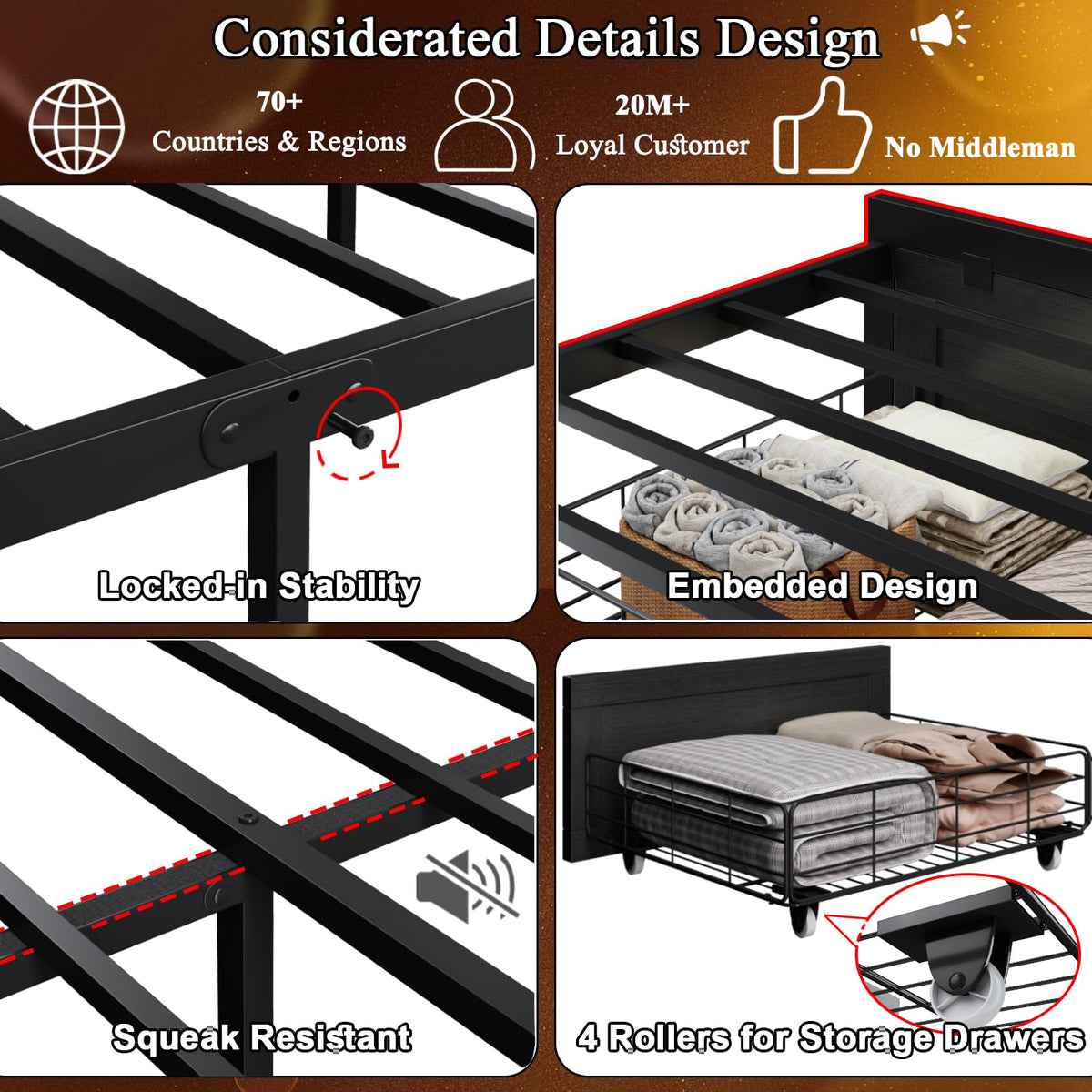 Bed Frame with Storage Headboard, Farmhouse Platform Bed Frame with Bookshelf, Drawers, LED Lights and Charging