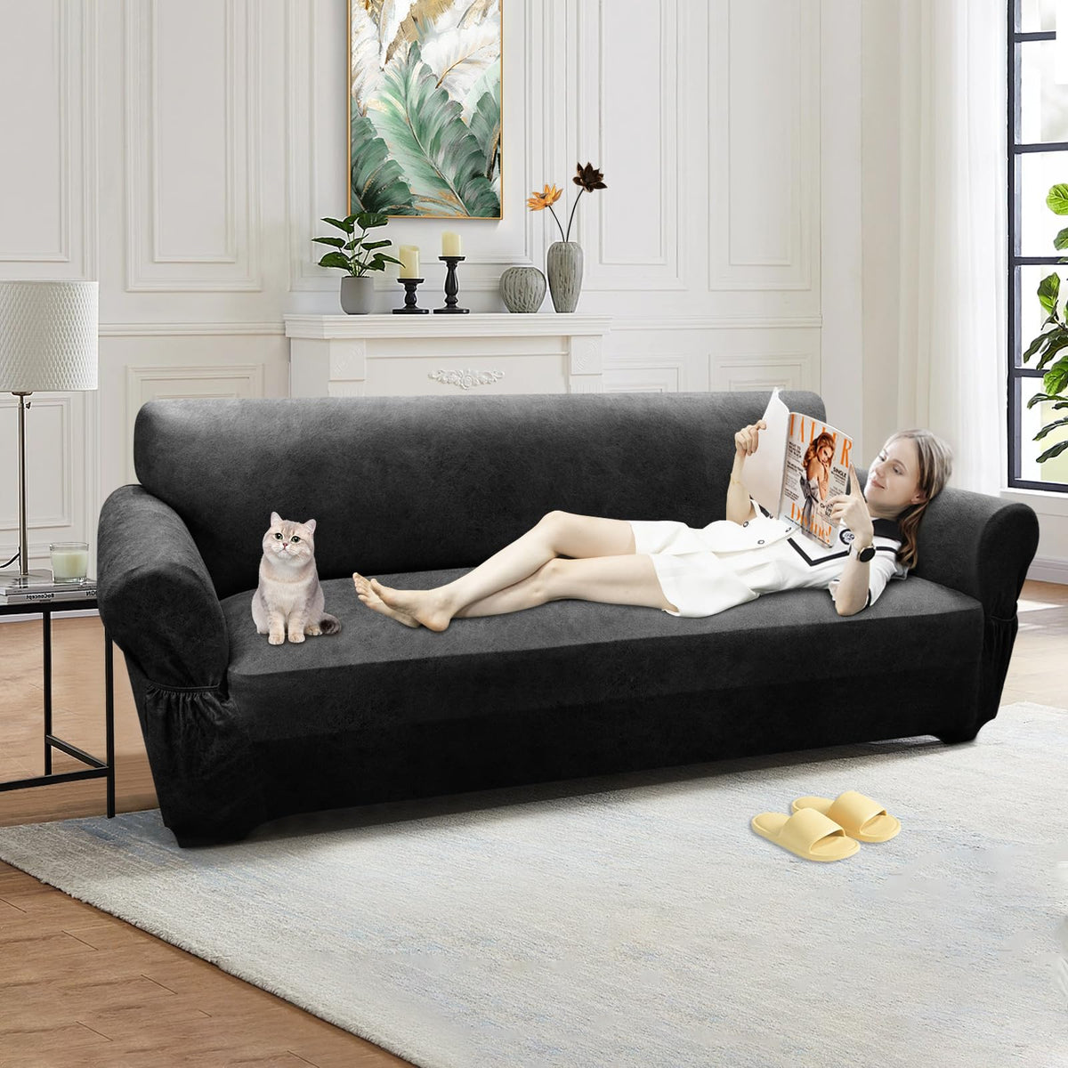 Couch Cover Leather Look 3 Seater Couch Sofa Cover 1-Piece Sofa Slipcover Stretch Furniture Protector with Elastic