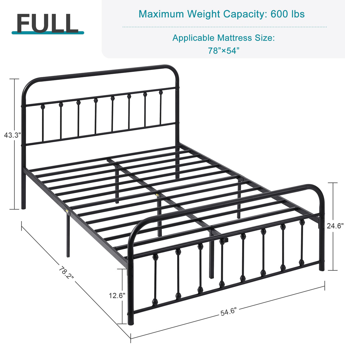 Black Metal Bed Frame with Vintage Headboard and Footboard, No Box Spring Needed, Premium Stable Steel Slat